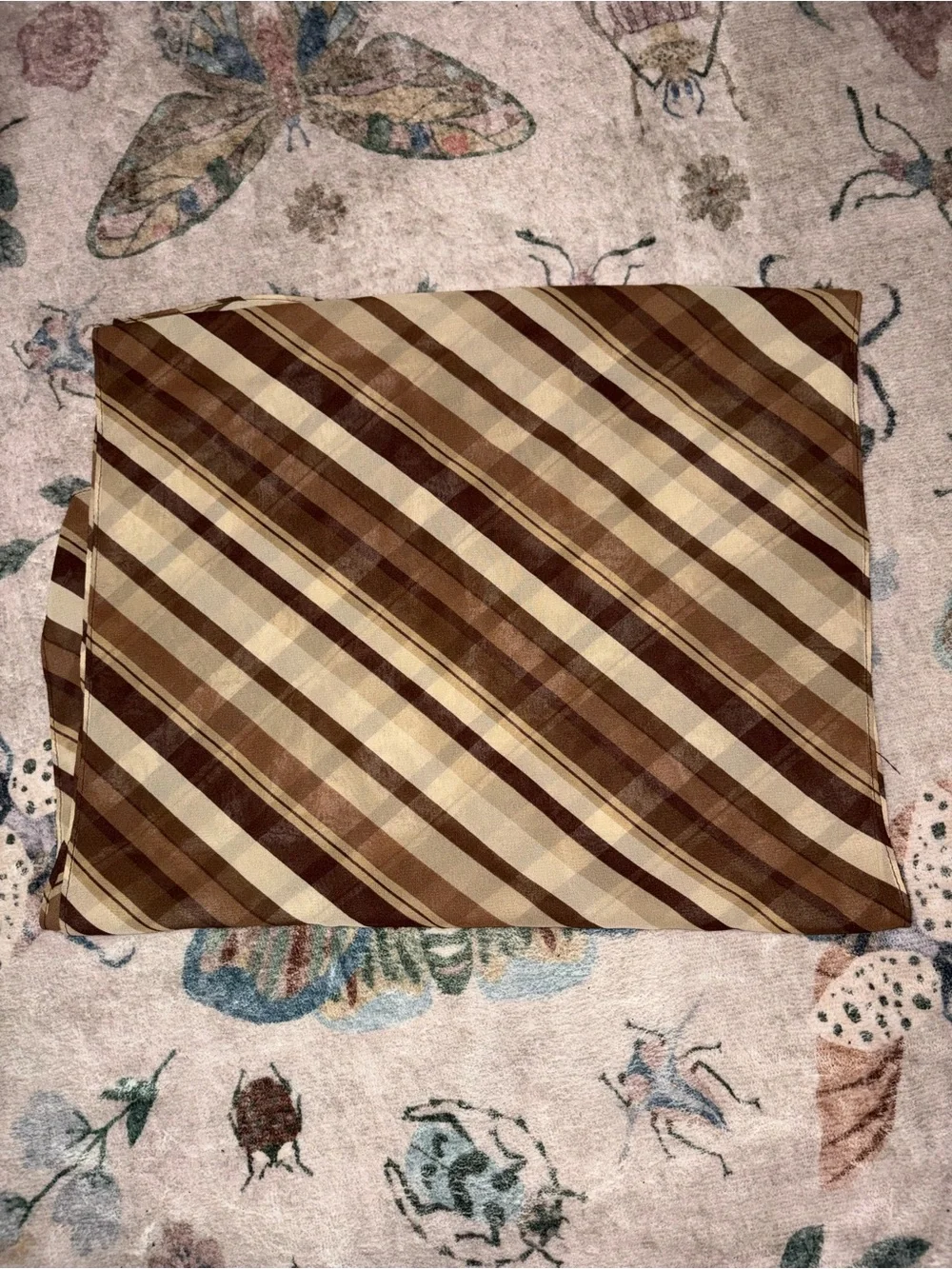 VTG 70s Striped 100% Silk Chiffon Oblong Neck Scarf Brown Cream